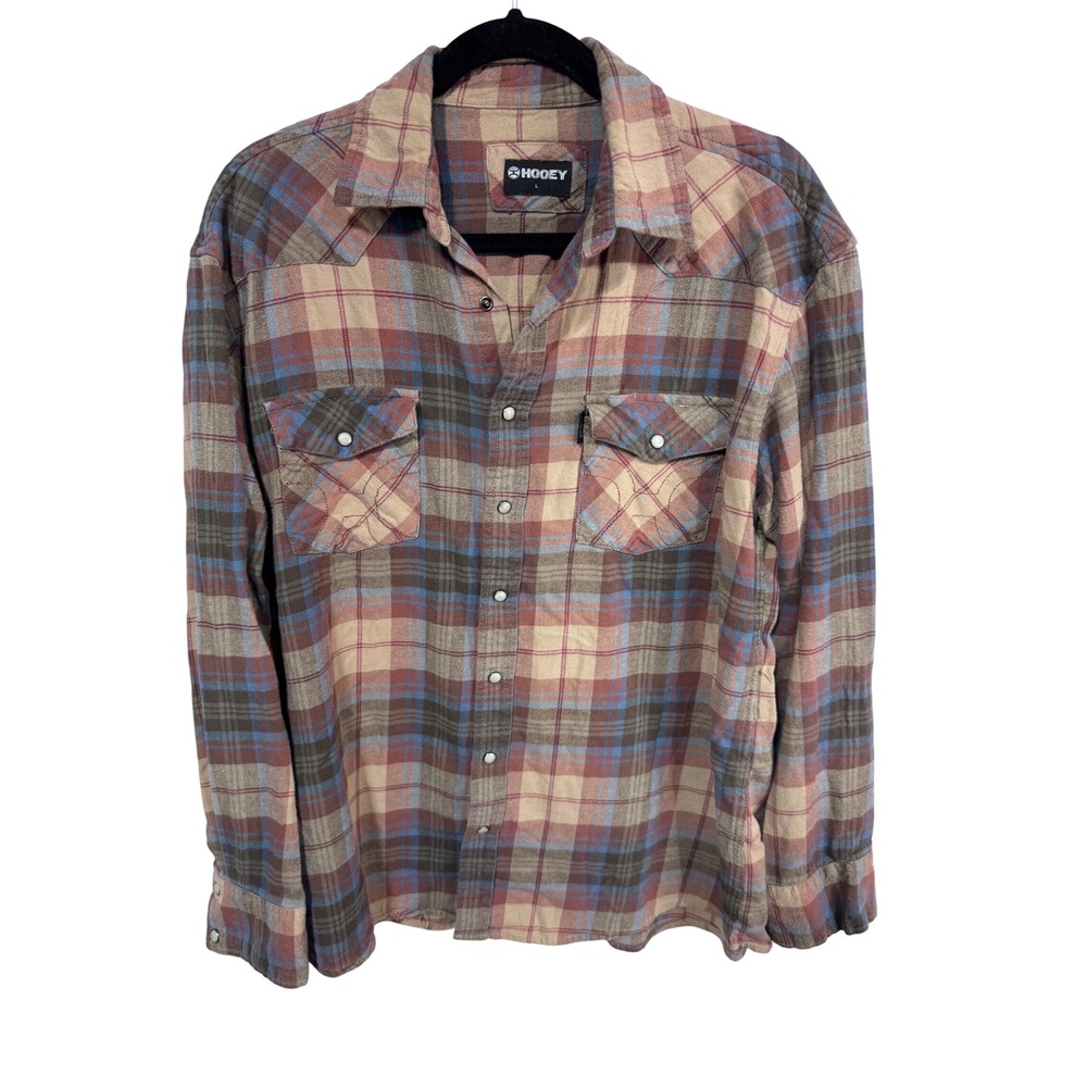 Hooey Men's Large Tan Plaid Shirt Western Pearl Snap Flannel Cowboy